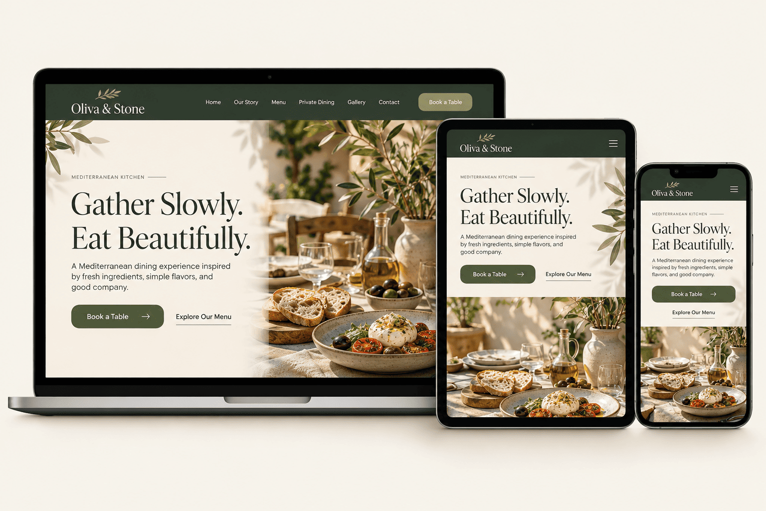 Oliva & Stone hero section responsive mockup showing desktop, tablet, and mobile layouts