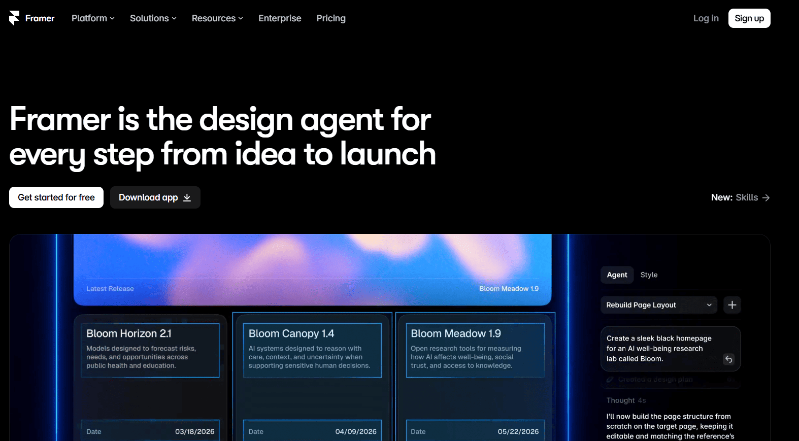 Framer visual website editor showing a responsive landing page