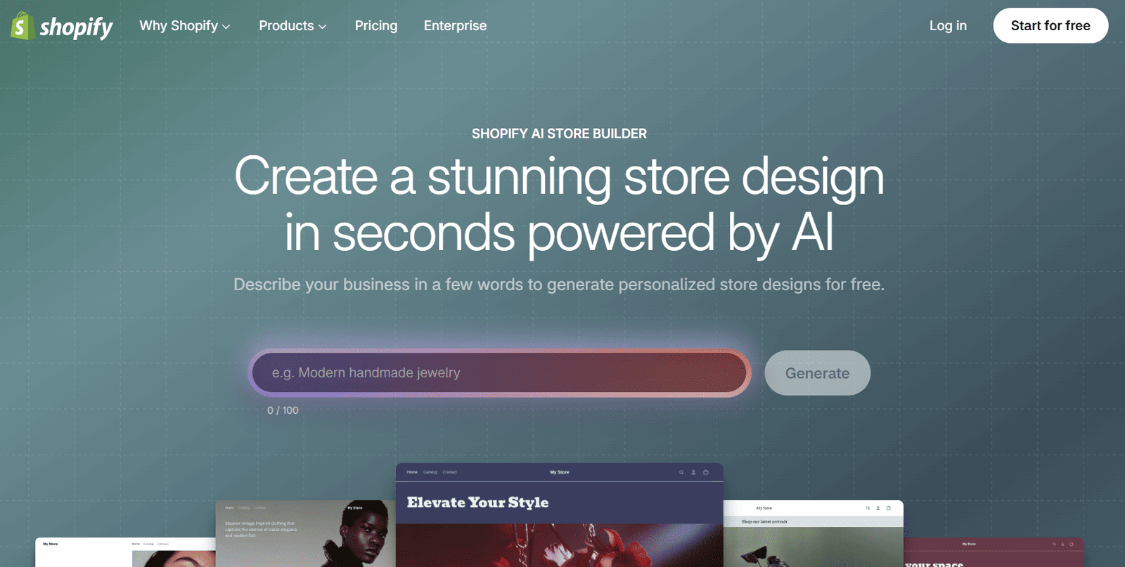 Shopify AI Store Builder showing generated ecommerce store designs
