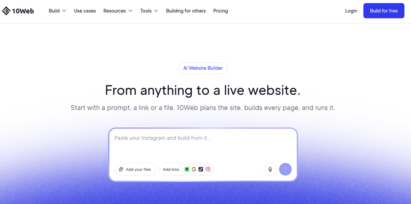 10Web AI website builder with a generated WordPress website preview