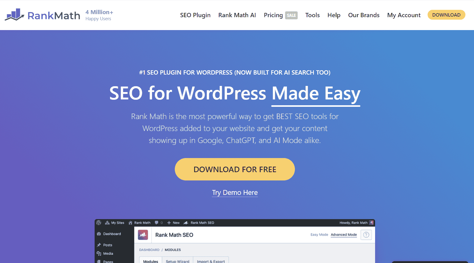 Rank Math SEO WordPress plugin screenshot showing its SEO settings